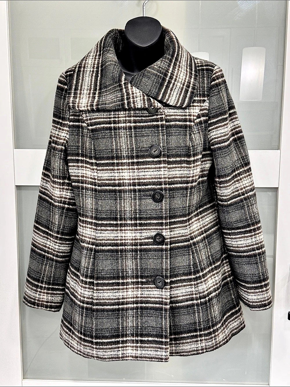 Northern Reflections Wool Blend Plaid Coat | Women’s Small | Brown/Grey/Cream